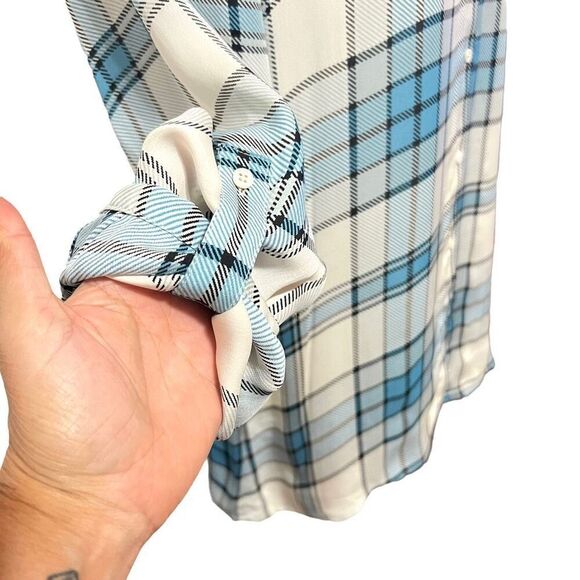 Joie Blue Multi Color Plaid Silk Shirt Medium Button Up Roll Tab Sleeves - Picture 9 of 15